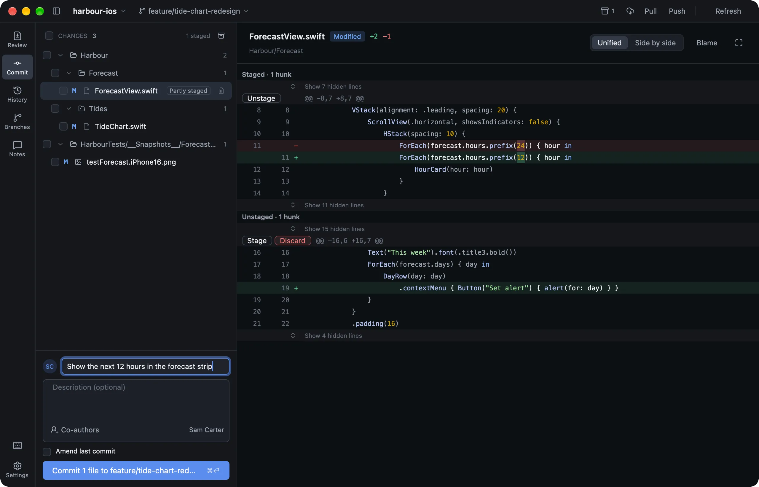 Lusca's Commit page with one hunk of a Swift file staged and a commit message written