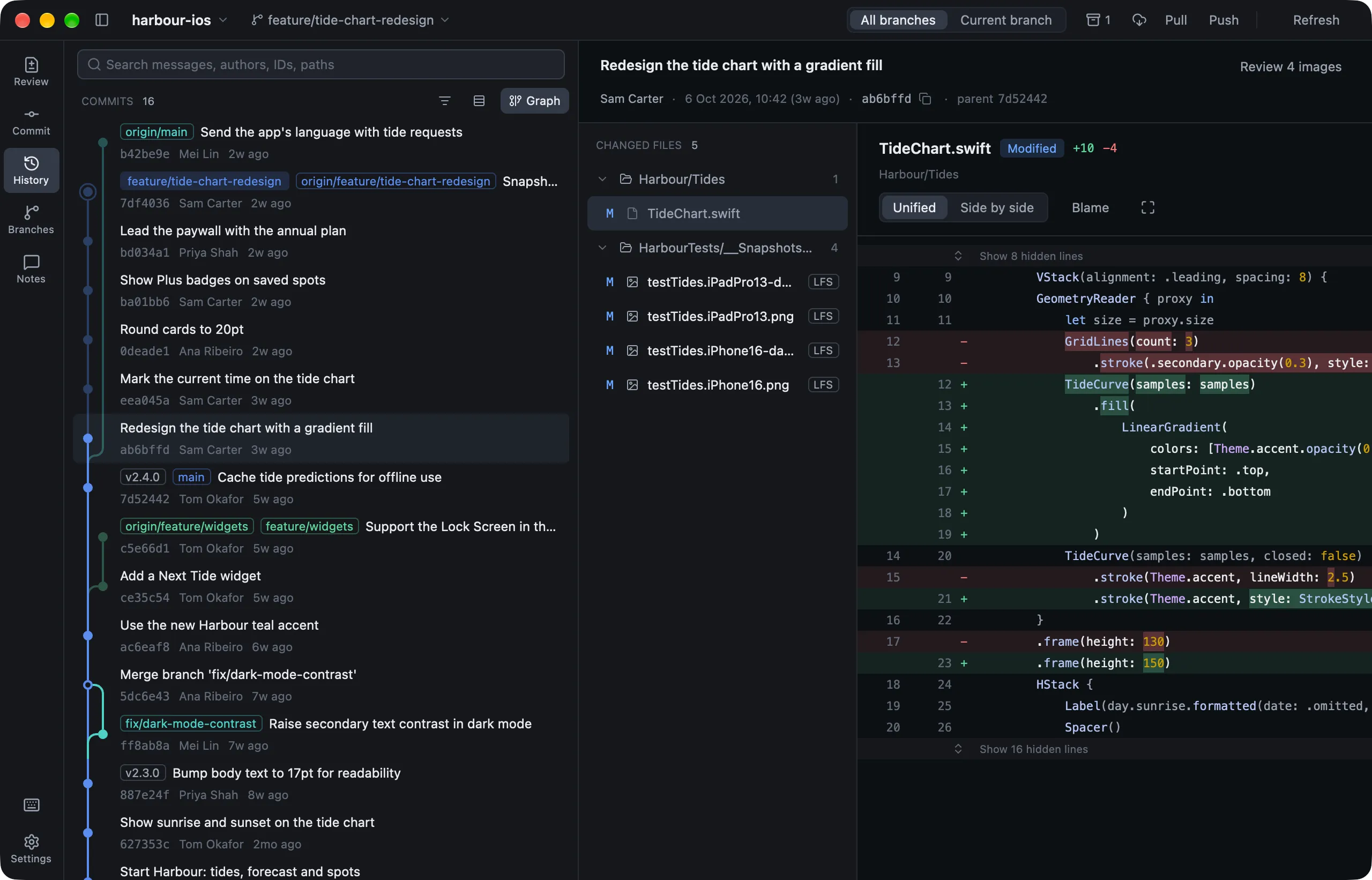 Lusca's History page showing a commit graph beside a syntax-highlighted diff